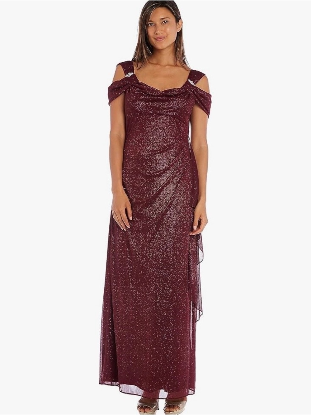R&M Richards Cold Shoulder Empire Waist Maxi Dress Gown Glitter Chiffon Bodice